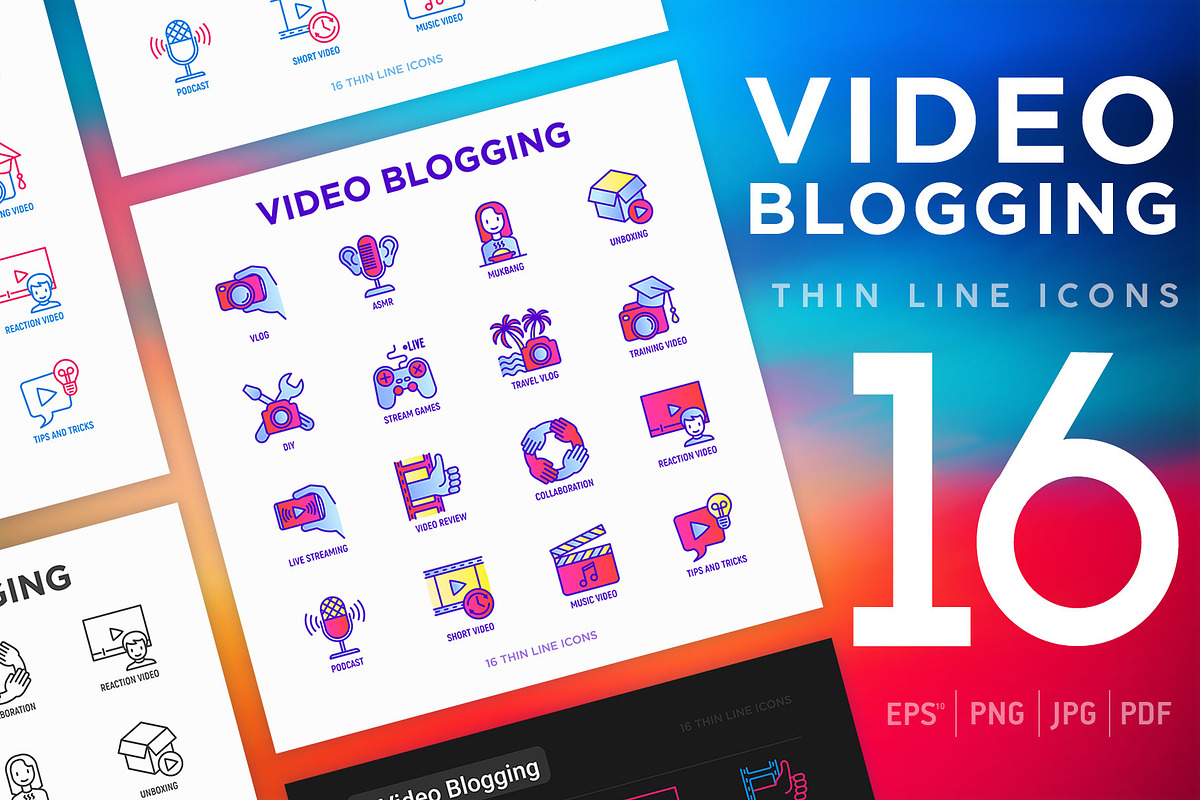 Video Blogging | 16 Thin Line Icons, an Outline Icon by Alex Blogoodf (Photo 1 of 11)