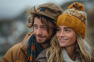 A young couple, a man and a woman, smiling warmly while enjoying a chilly outdo, a Person Photo by ImageMir