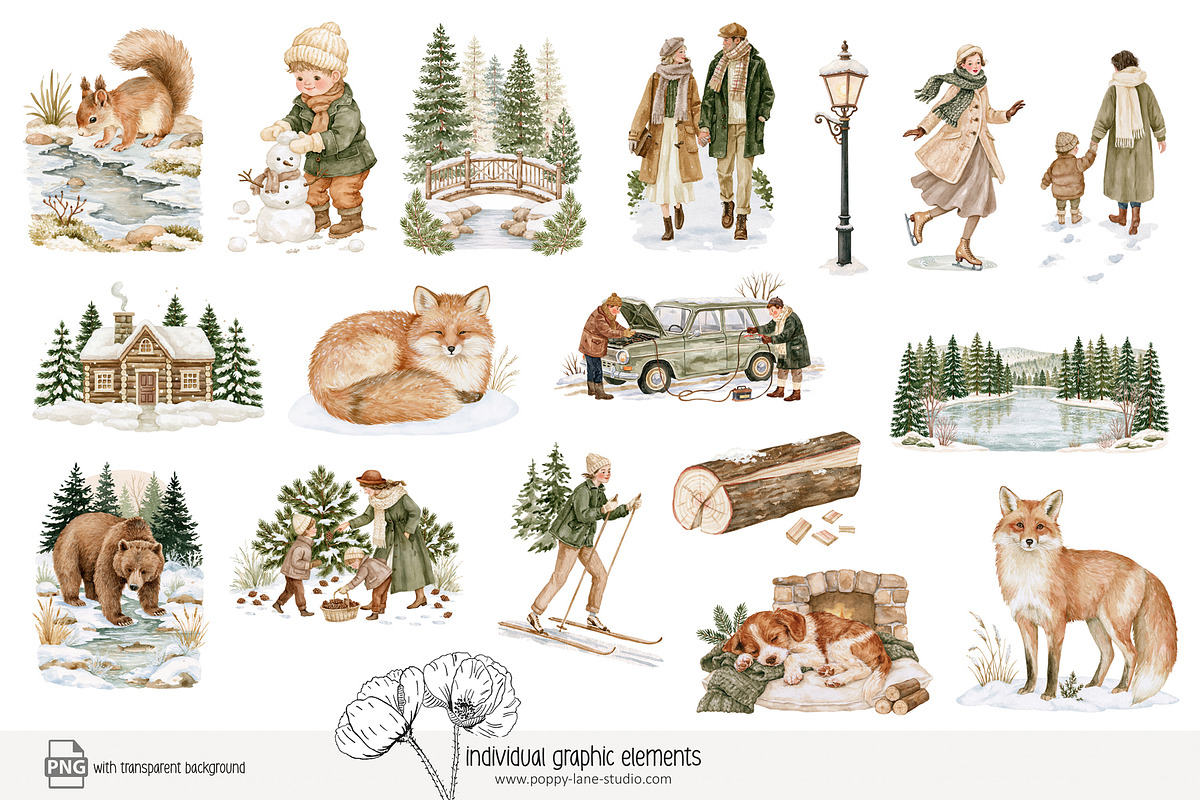 120 winter woodland clip art, a Seasonal Illustration by Poppy Lane Studio