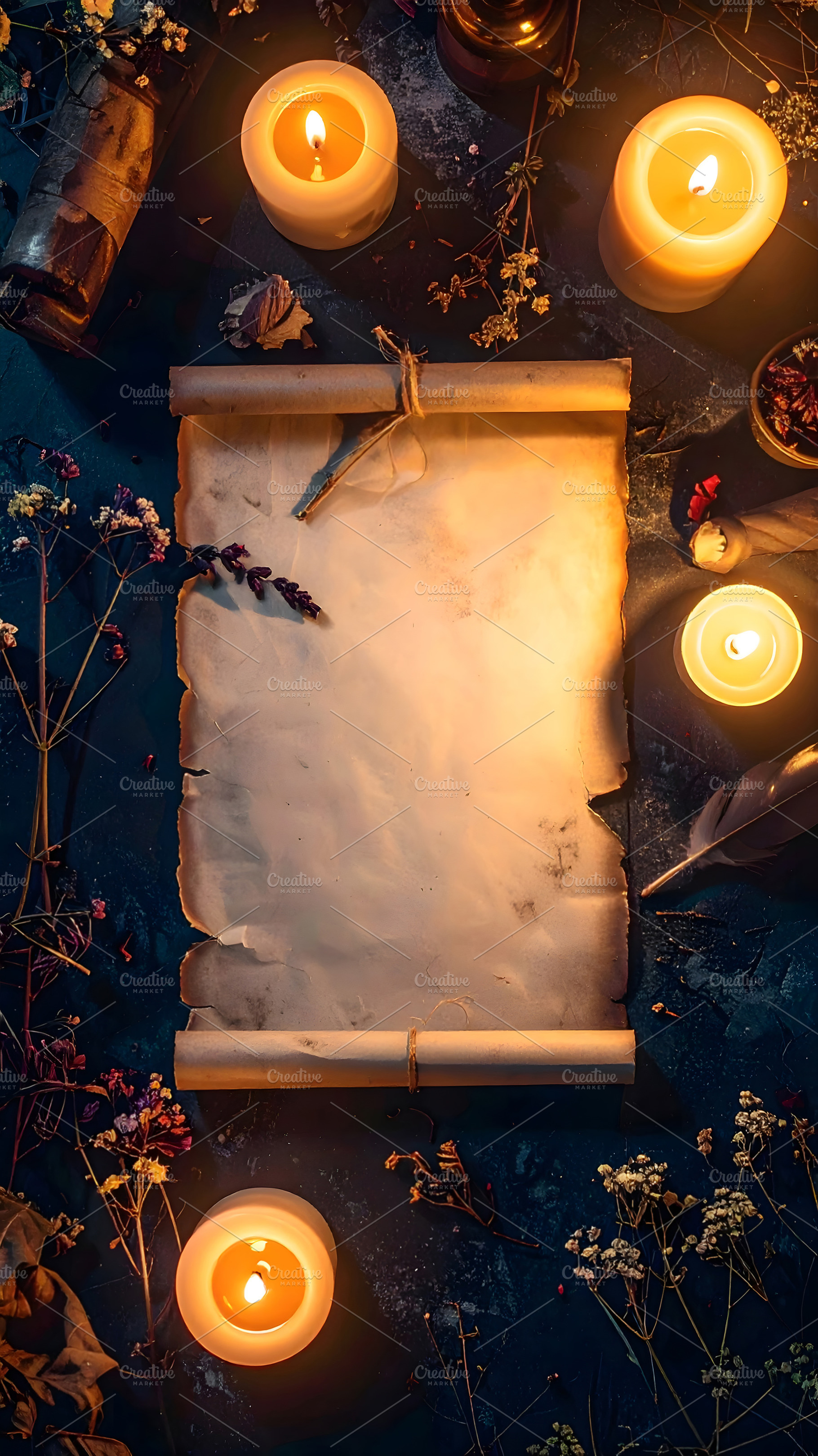 Old parchment scroll with candles and flowers on dark table, a Holiday Photo by GoodGoods