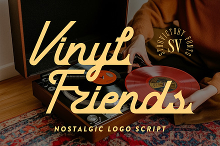 Vinyl Friends Nostalgic Logo Script, a Script Font by Struvictory.art