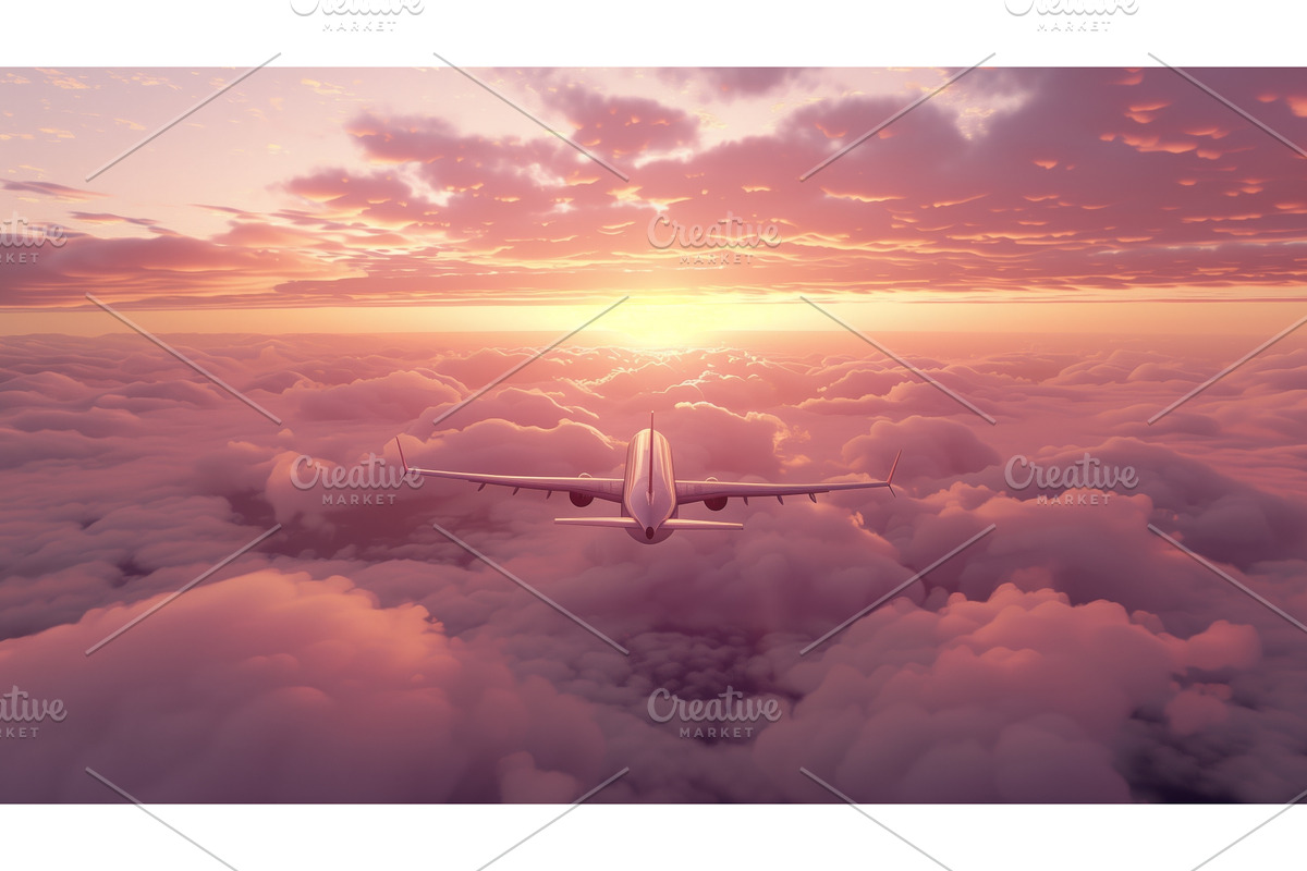 Commercial airplane flying above a, an Illustration by Sergey Kotenev