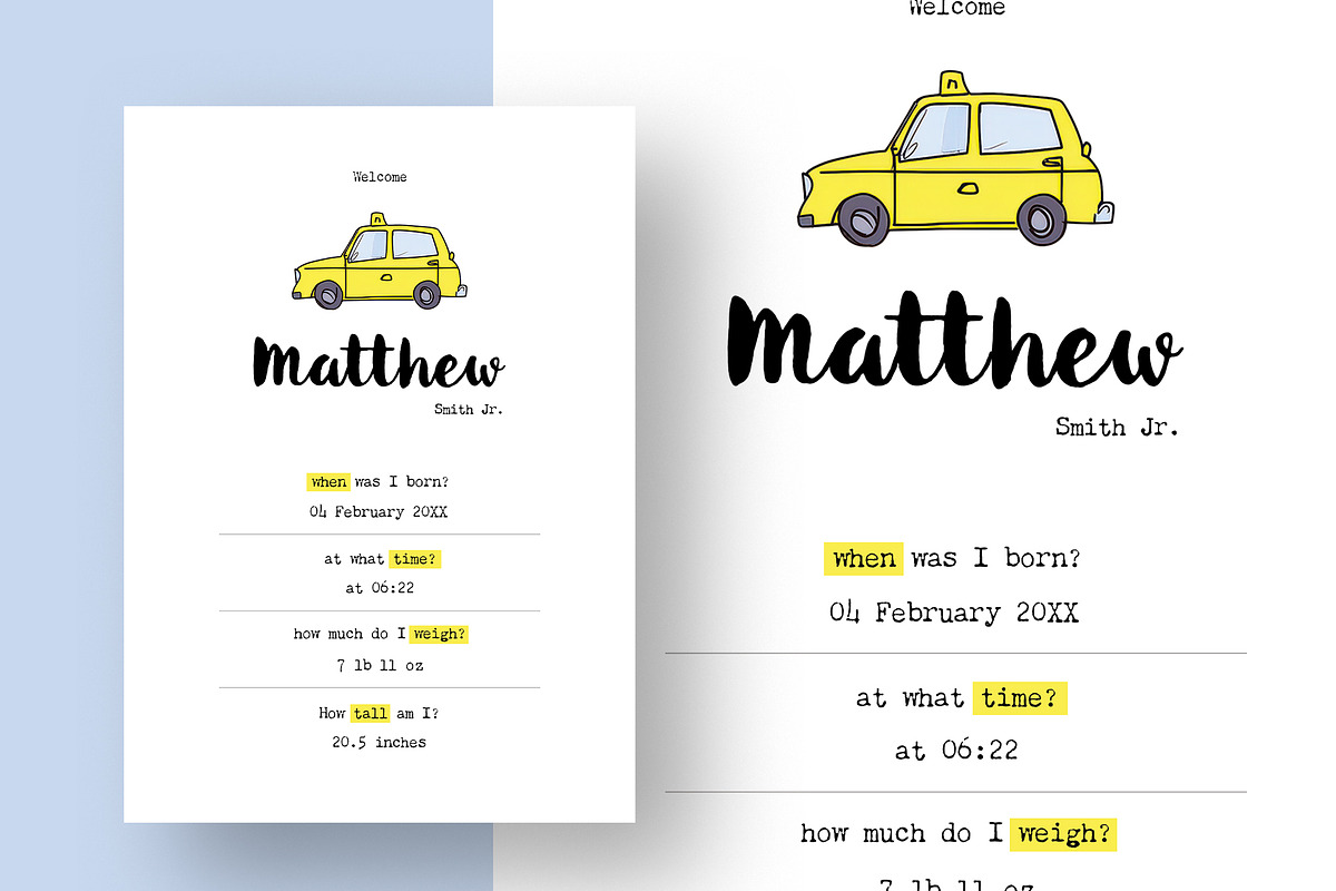 Playful Taxi Birth Announcement Card, a Card Template by Filip Studio (Photo 2 of 3)