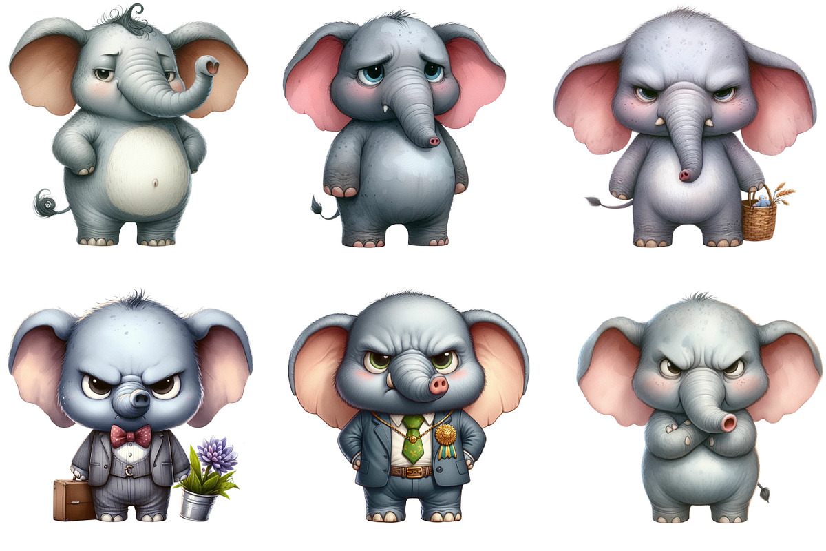 Watercolor Funny Grumpy Elephant PNG, an Illustration by CraftArtStudio (Photo 2 of 5)