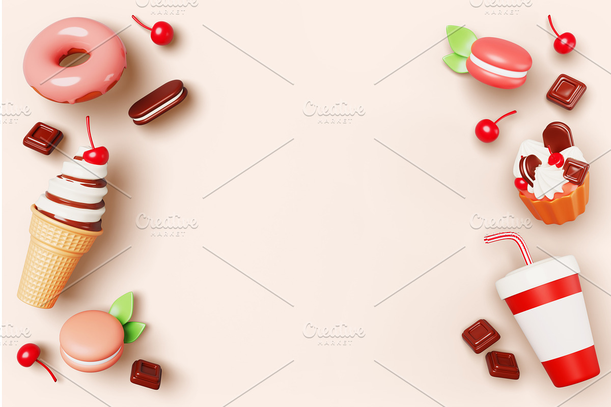 3d sweet food frame on pastel, a Food & Drink 3D Model by Marozhkastudio