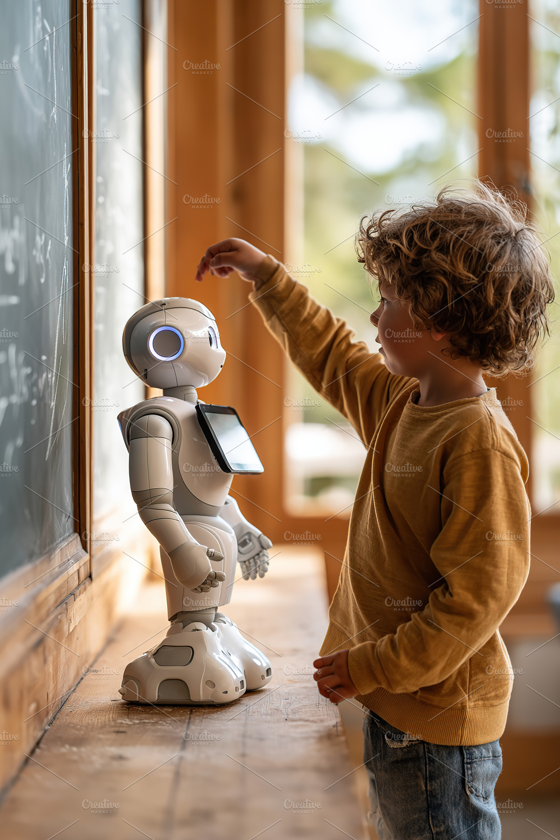 Child interacting with humanoid robot in a classroom setting during the afterno, a Photo by AlyaAnd