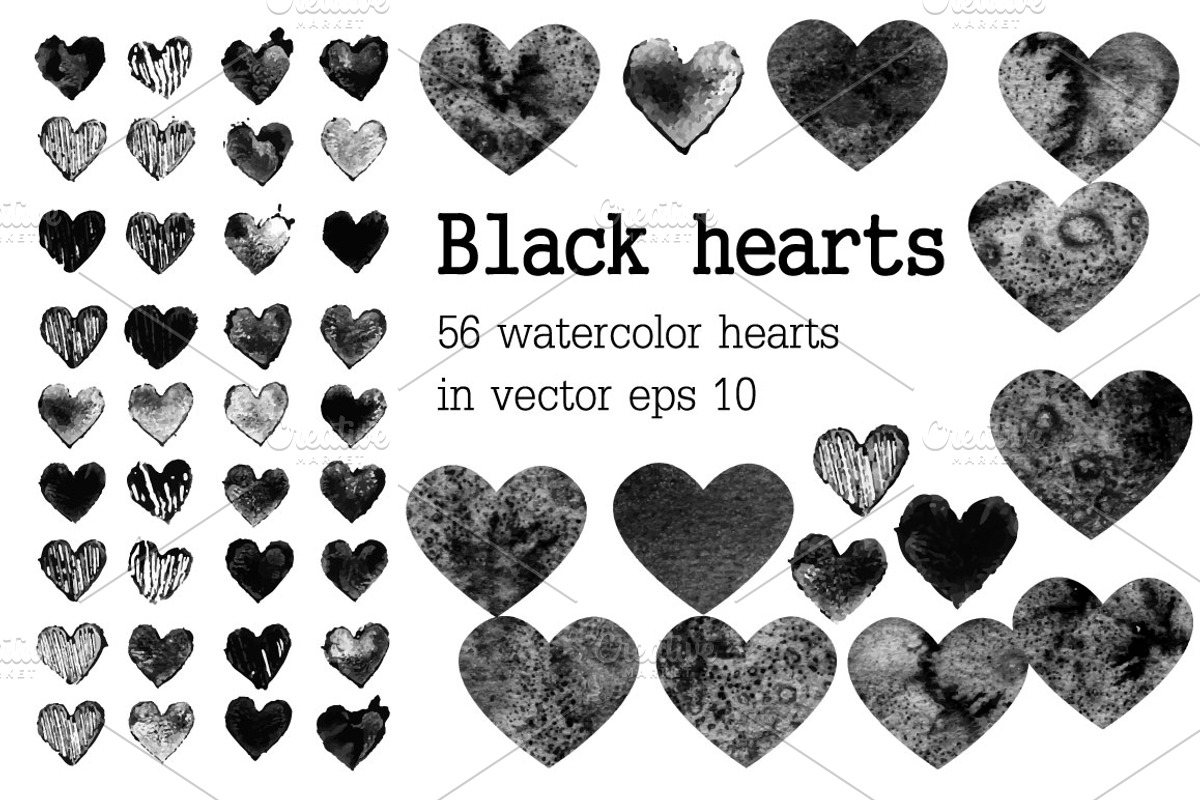 Set of black watercolor hearts, an Illustration by KatBranchArt (Photo 2 of 5)
