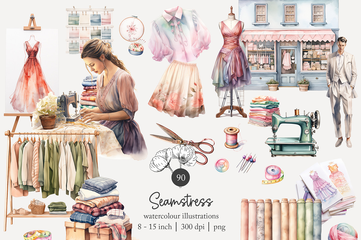 90 watercolour seamstress clip art, a Work Illustration by Poppy Lane Studio (Photo 1 of 11)