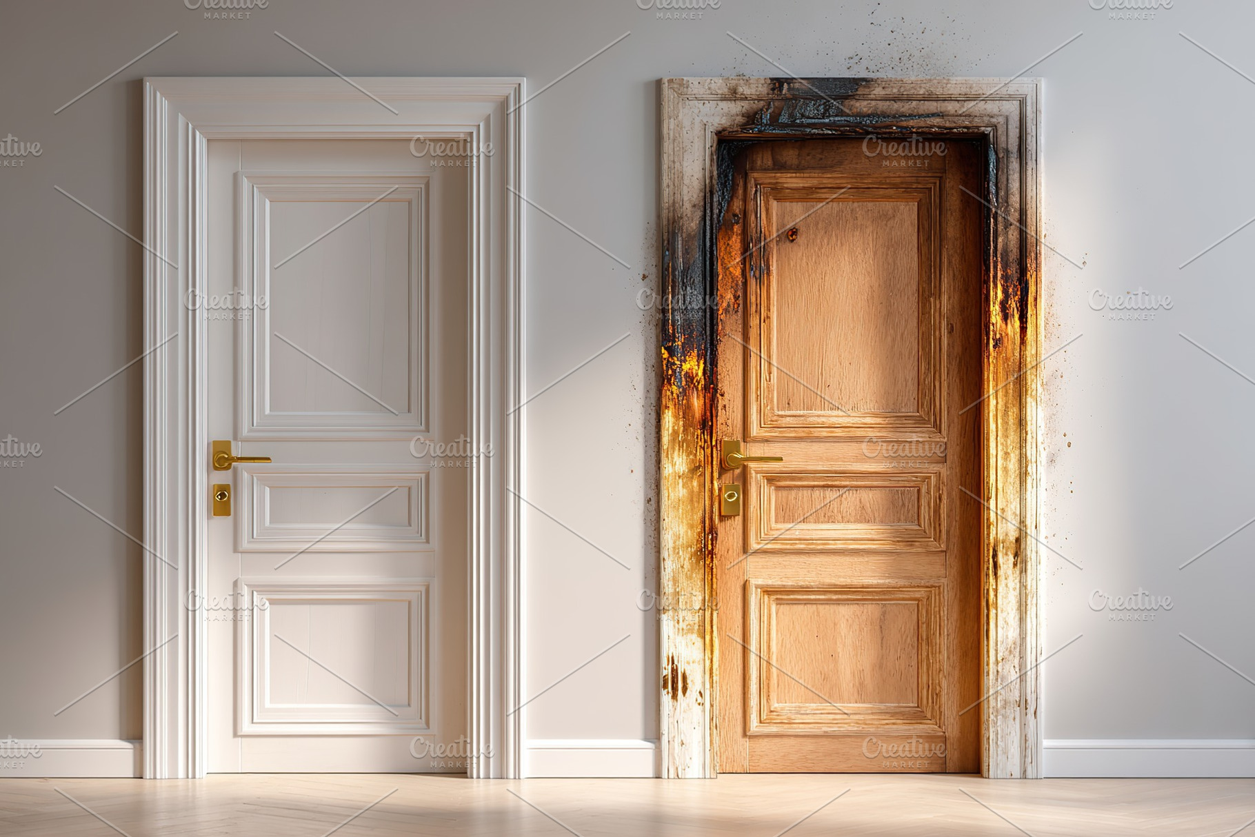 Two contrasting doors illustrate fire damage and pristine condition in a modern, a Photo by AlyaAnd