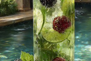 Refreshing berry mojito by the pool, a Photo by Pixeness Studio