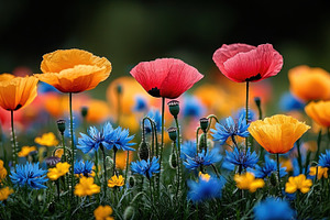 Bright multicolored poppies and blue cornflowers in a blooming w, a Nature Photo by José Manuel Gelpi