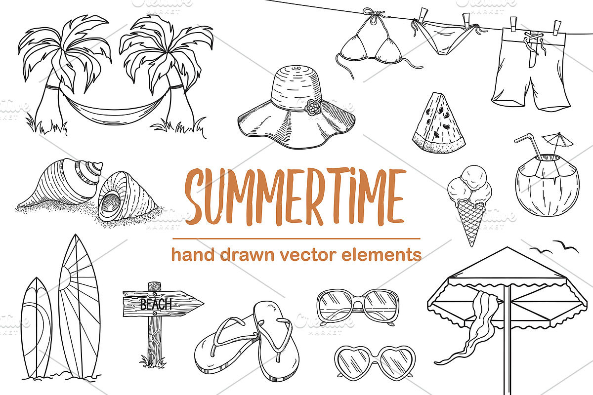 Summer elements, hand drawn vector, a Graphic by InkySplash (Photo 1 of 2)