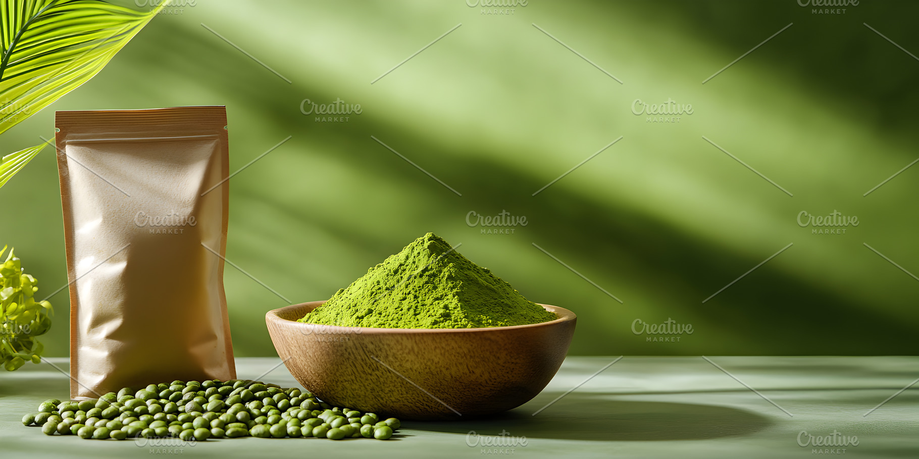 Green matcha tea powder in wooden bowl, a Food & Drink Photo by Photostock