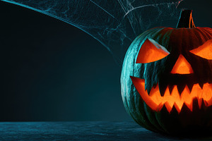 Glowing jack o lantern with cobweb on dark Halloween background