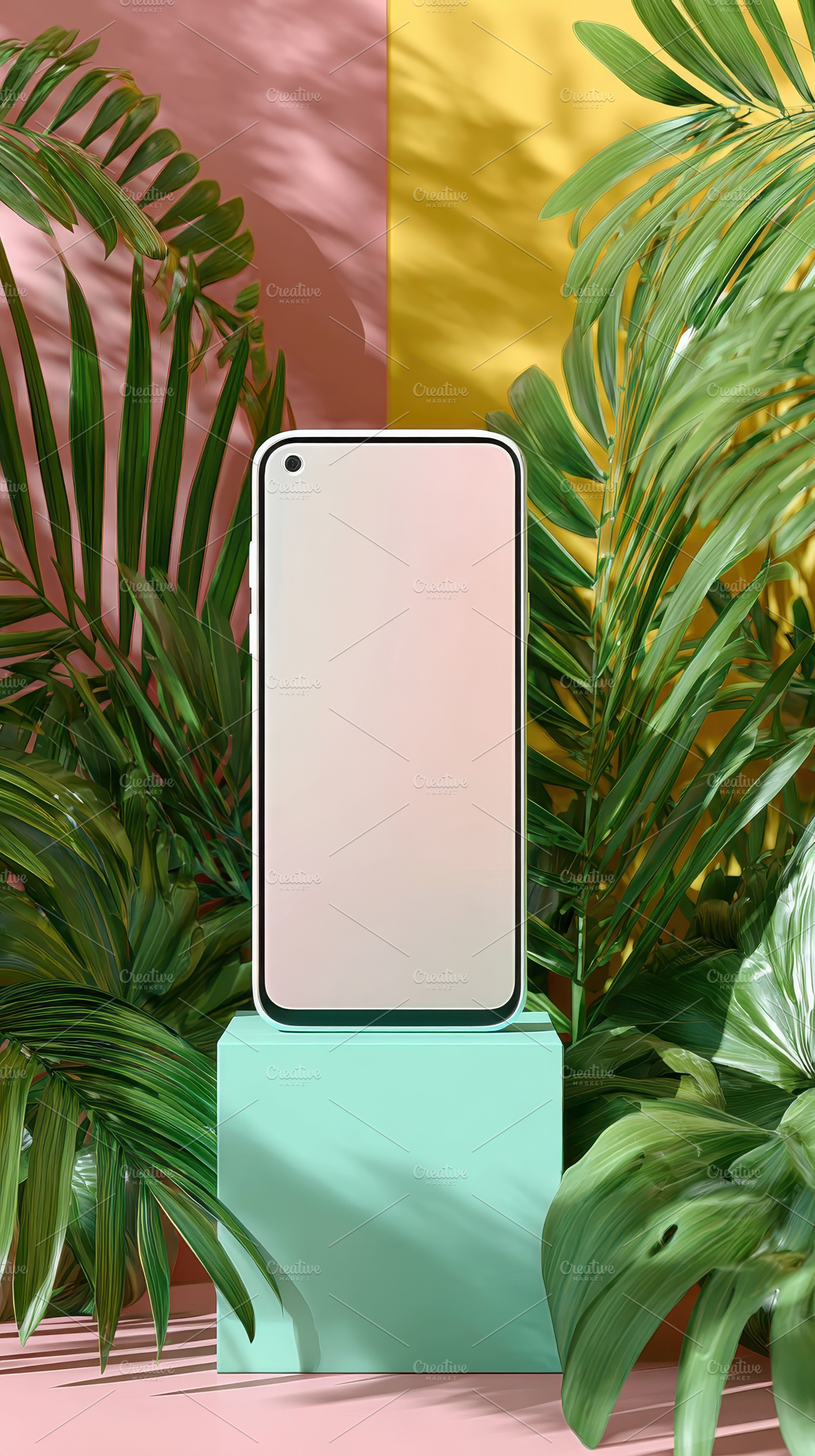Smartphone Mockup Tropical Leaves Pa, a Photo by Pixeness Studio