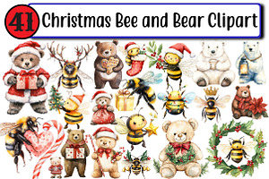 Christmas Bee and Bear Clipart, an Illustration by Design Market