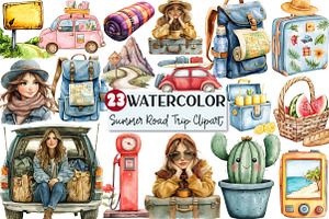 Watercolor Summer Road Trip Clipart, an Illustration by Rose Art