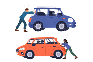 Man and woman pushing their broken, a Transportation Illustration by Vectorbuum