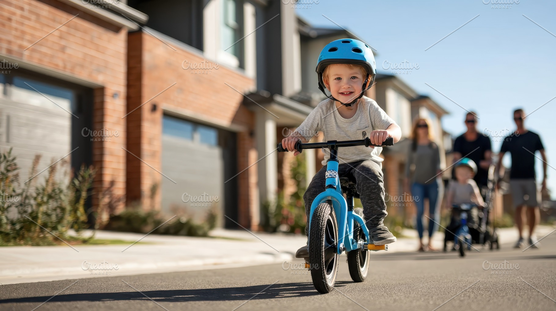 Toddler Riding Balance Bike Suburban, a Photo by Pixeness Studio