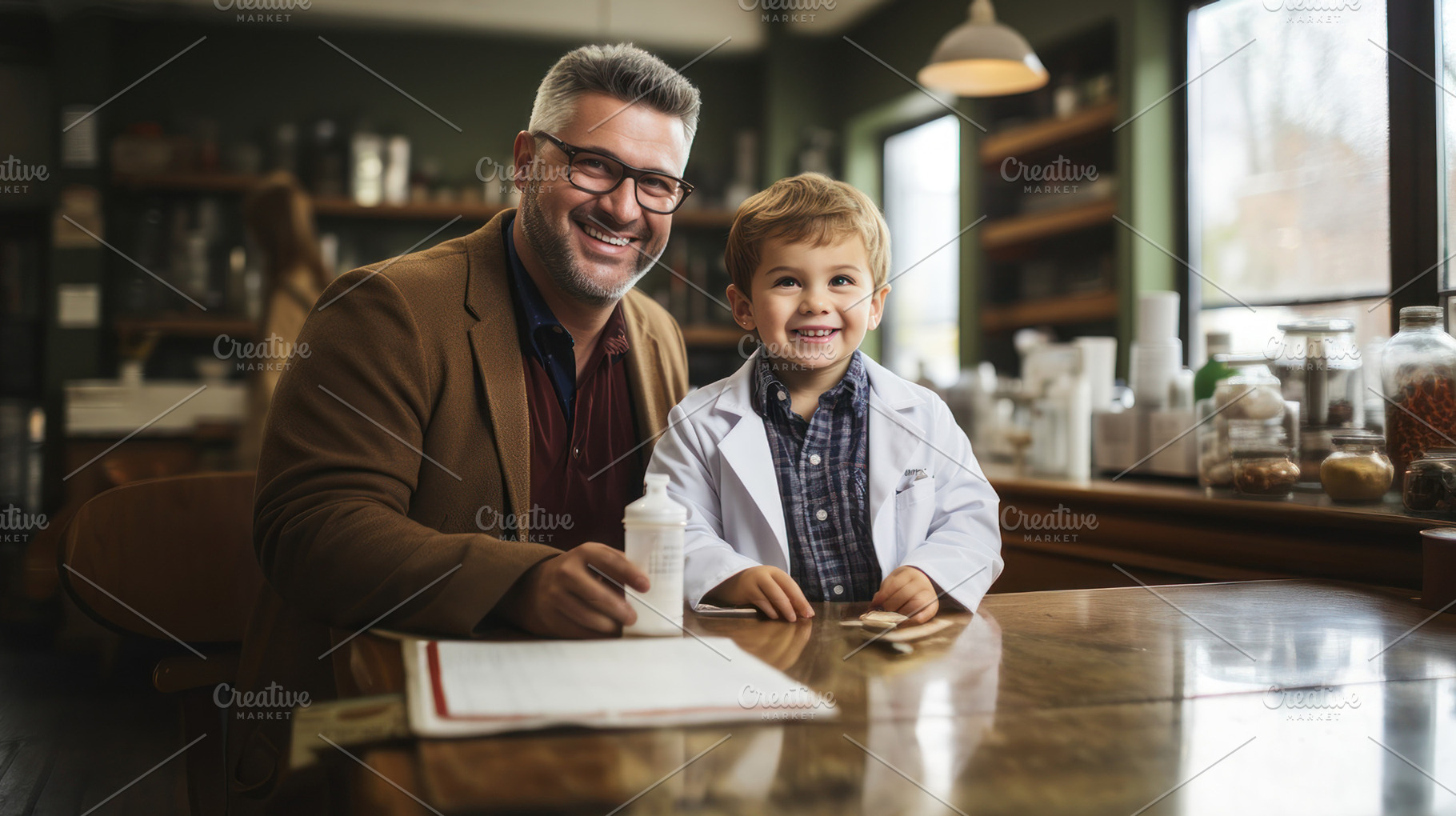 Pharmacist doctor father and his son in lab coat sitting at tabl, a Photo by AS photostudio