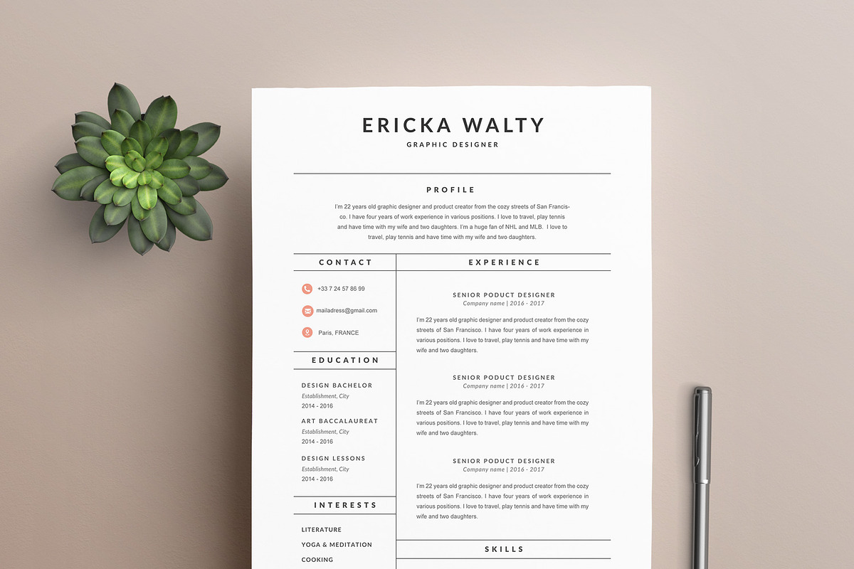 Modern Resume Template ERICKA A4, a Resume Template by Graace Studio (Photo 1 of 4)
