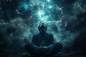 A psycholinguist person sitting cross-legged, gazing upwards in a cosmic scene, a Person Photo by Textures & Backgrounds