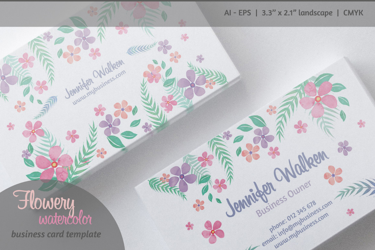Flowery Watercolor Business Card, a Business Card Template by audeemirza (Photo 1 of 3)