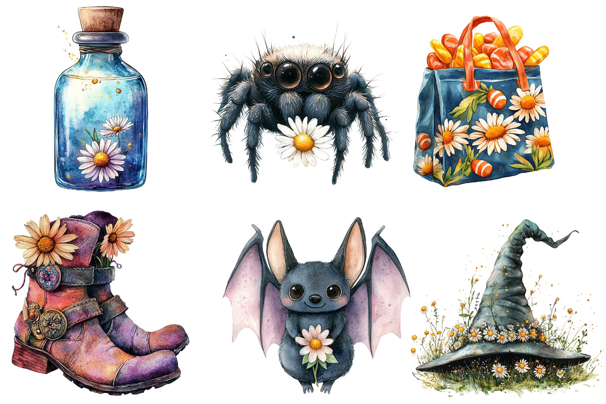 Daisy Flower & Halloween Clipart, an Illustration by Watercolor design (Photo 3 of 4)
