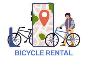 Young man rents bicycle. Mobile, a Technology Illustration by Vectorbuum