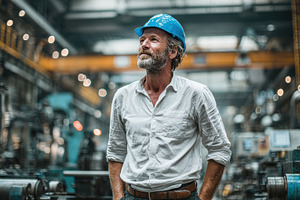 Factory worker thoughtful expression, a Photo by Pixeness Studio