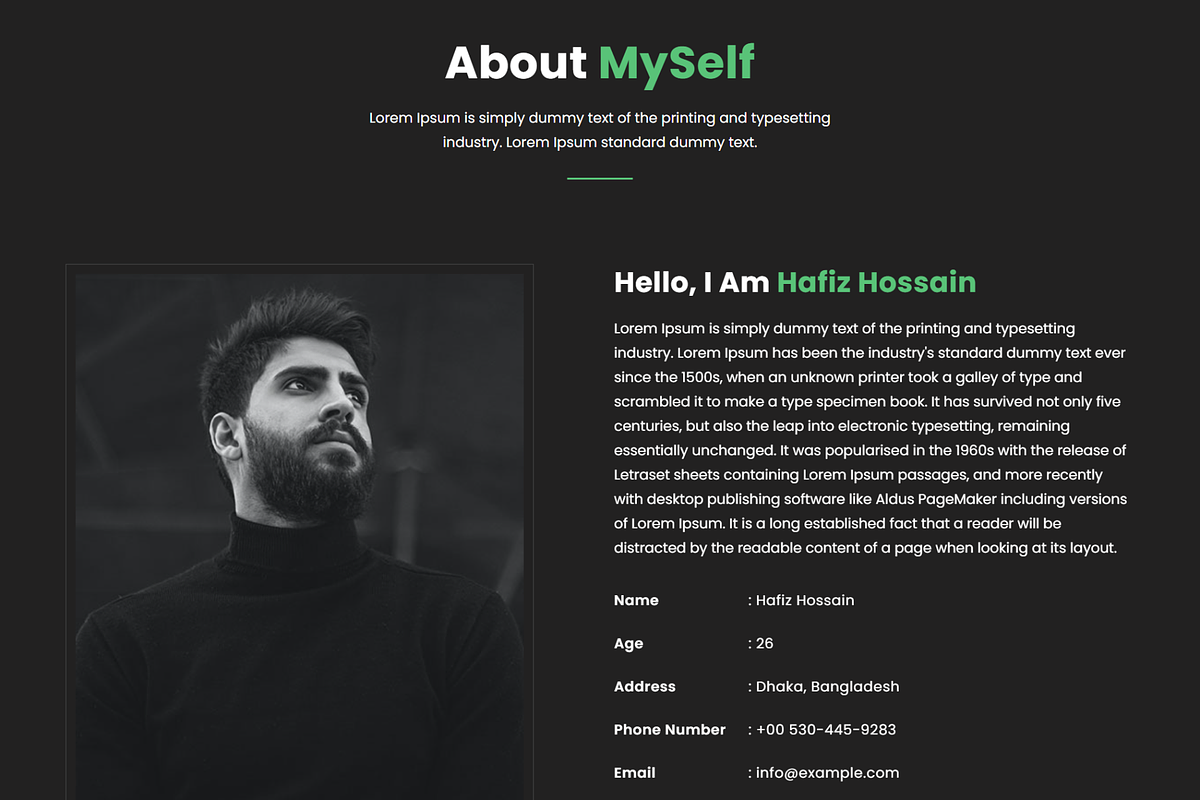 Hafiz - Dark Portfolio Resume HTML, a HTML Template by Themeplaza (Photo 2 of 6)