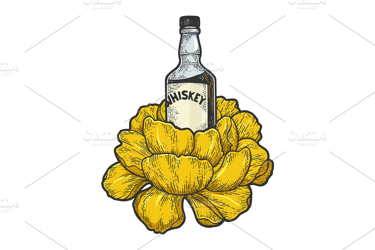 Whiskey bottle flower sketch vector, a Food Illustration by AlexArt