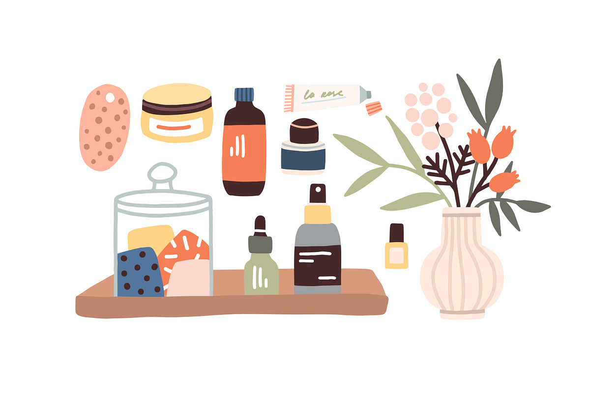 Cosmetics, beauty products on shelf, an Object Illustration by Good Studio (Photo 2 of 3)
