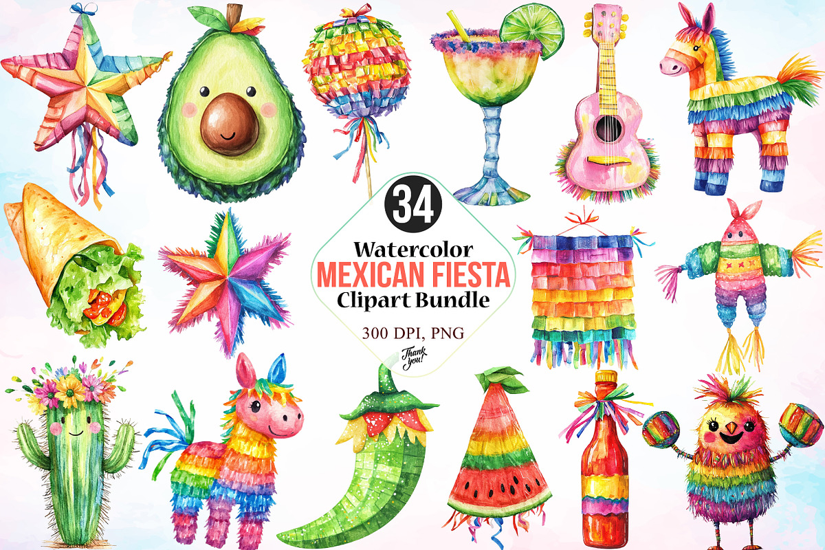 Watercolor Mexican Fiesta Clipart, an Illustration by Canvas Craft (Photo 1 of 3)