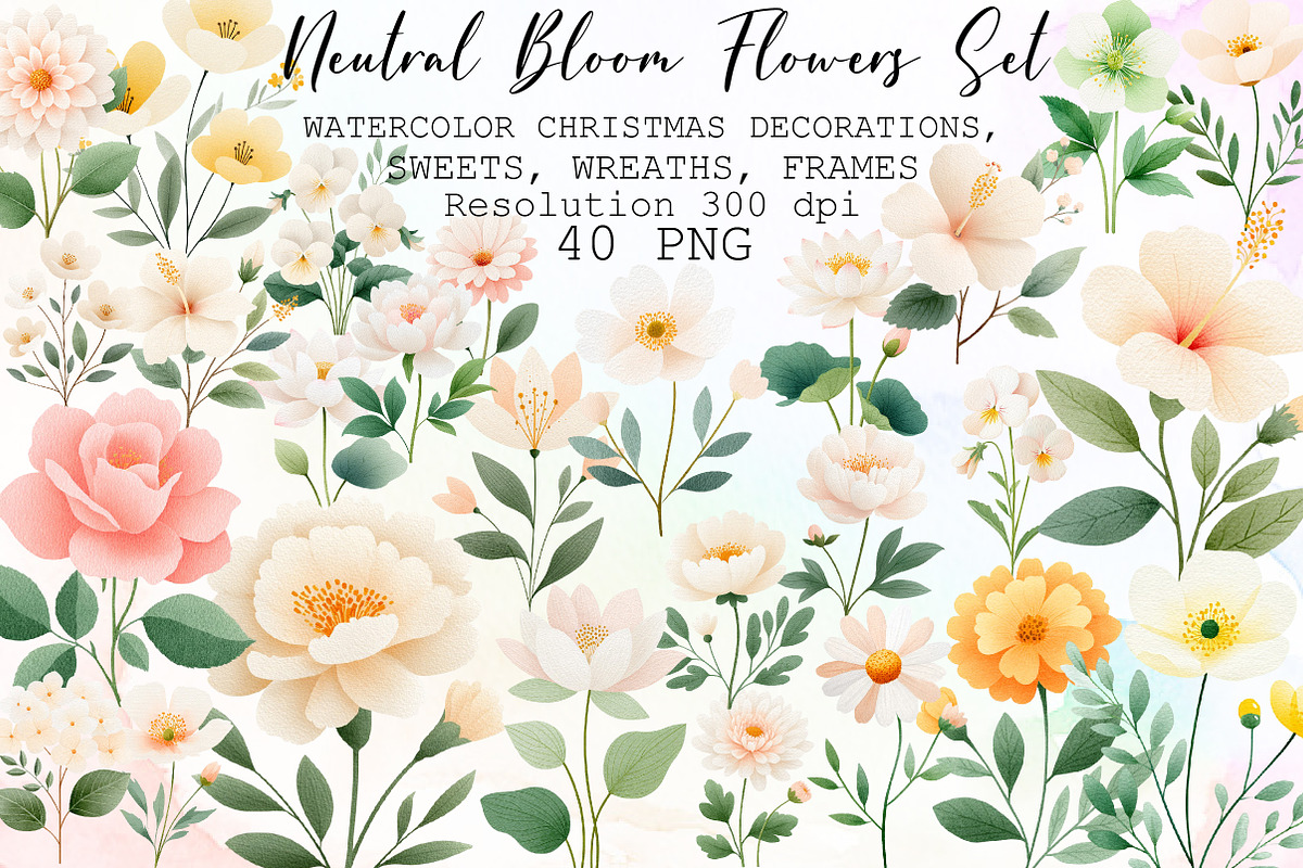 Neutral Bloom Watercolor Flowers Set, an Illustration by Sublimation Artist (Photo 1 of 6)
