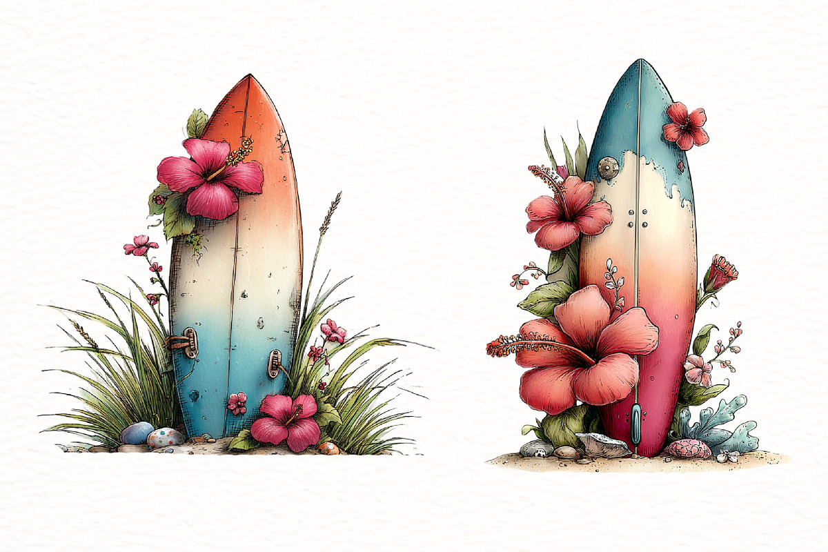 Whimsical summer surfboard clipart, an Illustration by Designworld (Photo 4 of 8)