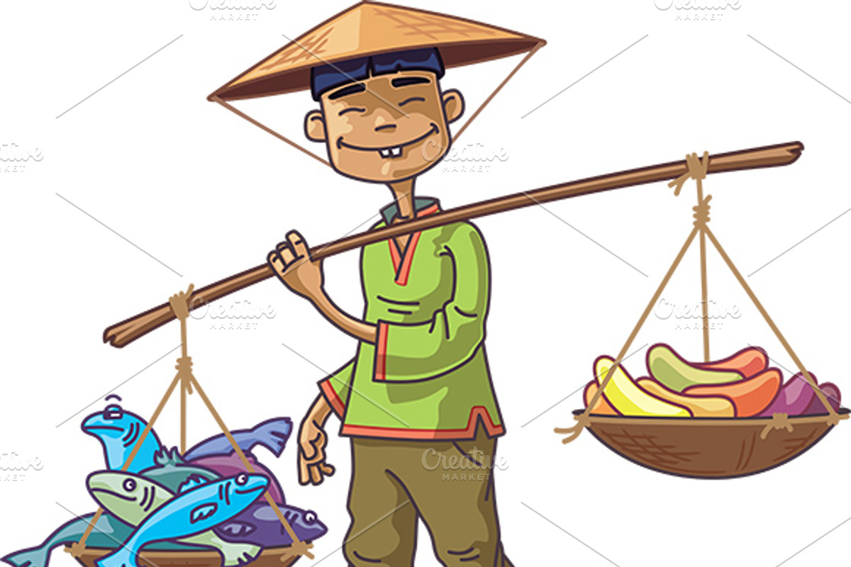 Asian Merchant with Fresh Fish and F, a Food Illustration by LEKS illustrations