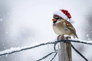 Snowy winter scene featuring a sparr, a Photo by Tanuart