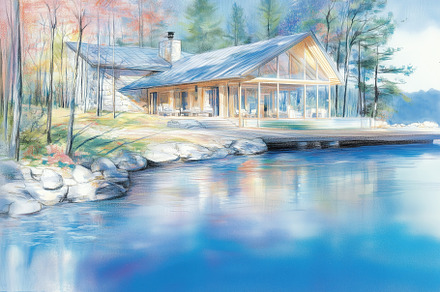 A serene lakeside cabin with a modern design, featuring large glass windows and, an Arts & Entertainment Photo by Textures & Backgrounds