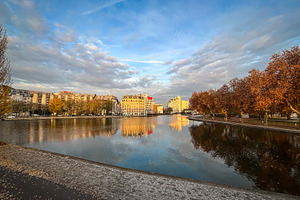 Wide sunset view of Ourcq canal in Paris France, an Architecture Photo by GoodGoods