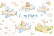 Watercolor Animal Airplane Clipart, an Animal Illustration by ElenaPlatovaArt (Thumbnail 1 of 12)