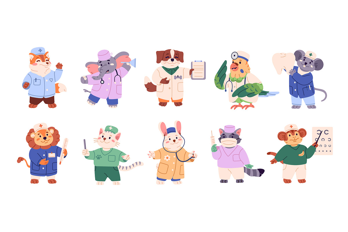 Cute animals doctors set, an Animal Illustration by PaperTrident (Photo 1 of 6)