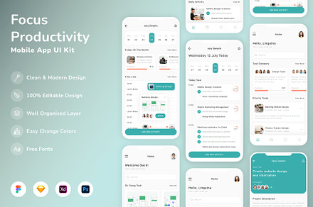 Focus Productivity Mobile App UI Kit, an UI Kit Template by Betush