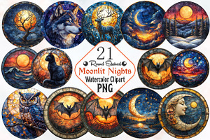 Moonlit Nights Stained Glass Clipart, an Illustration by RobertsArt