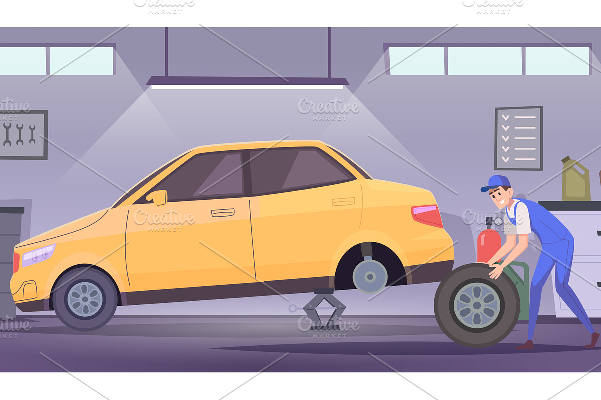 Car repair. man changing wheels in, a Transportation Illustration by Onyx