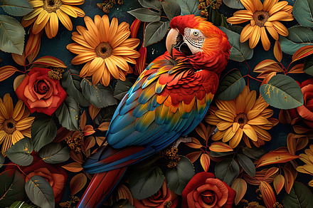 A colorful macaw on a branch amid be, a Photo by LOGOCREATIVE