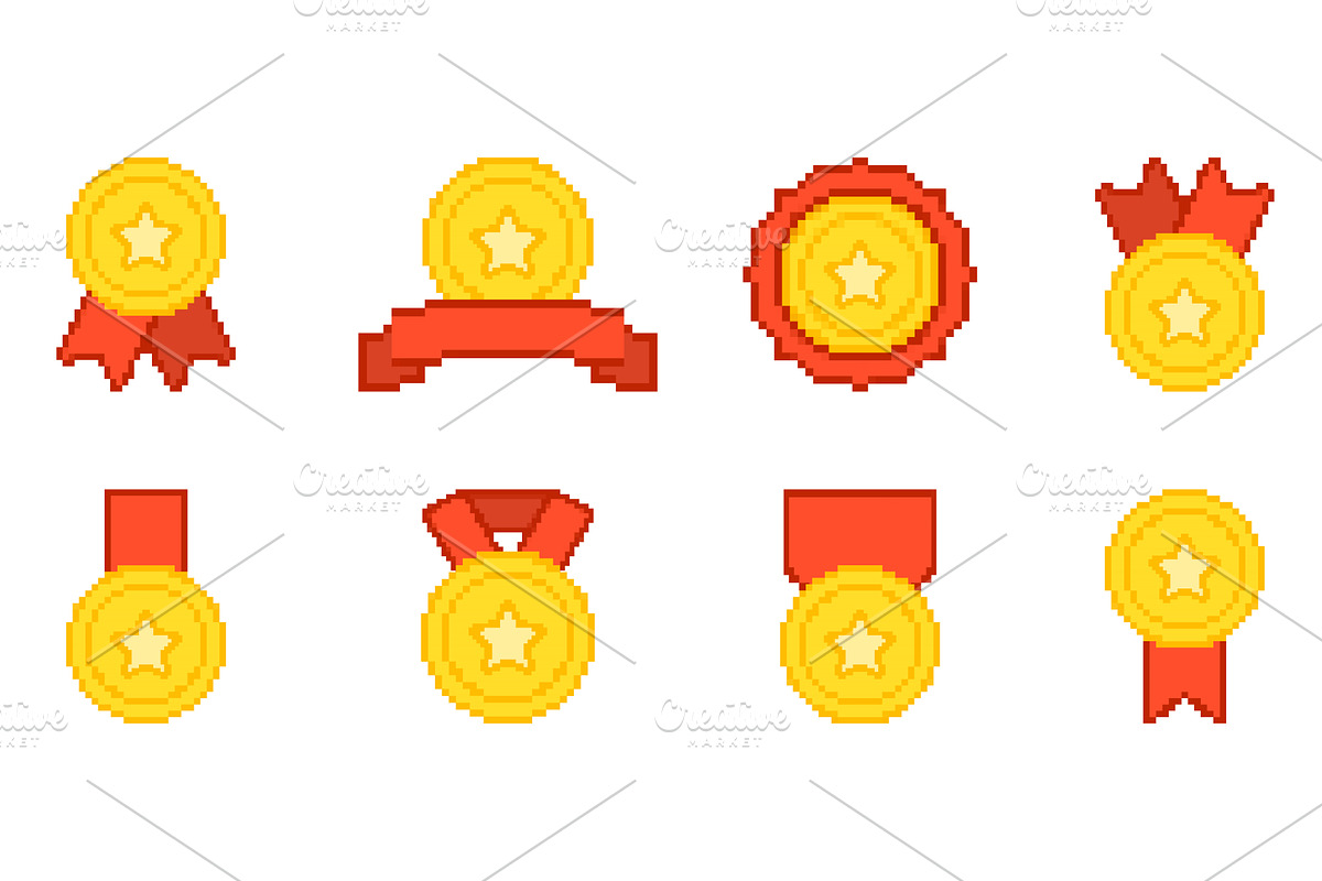 Gold Medal Pixelated Icon Set, an Illustration by Vector Creator