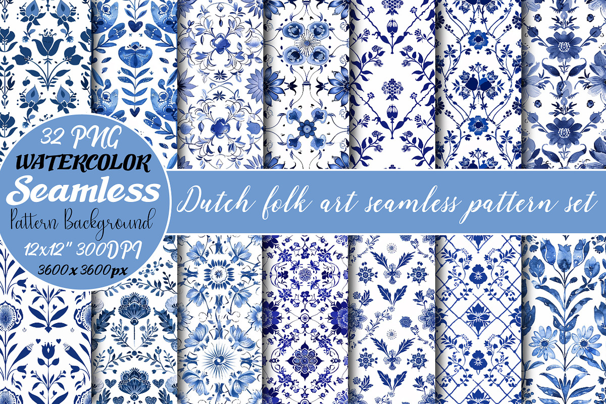 Dutch folk art seamless pattern set, a Pattern Graphic by DreamCafeArt (Photo 1 of 5)