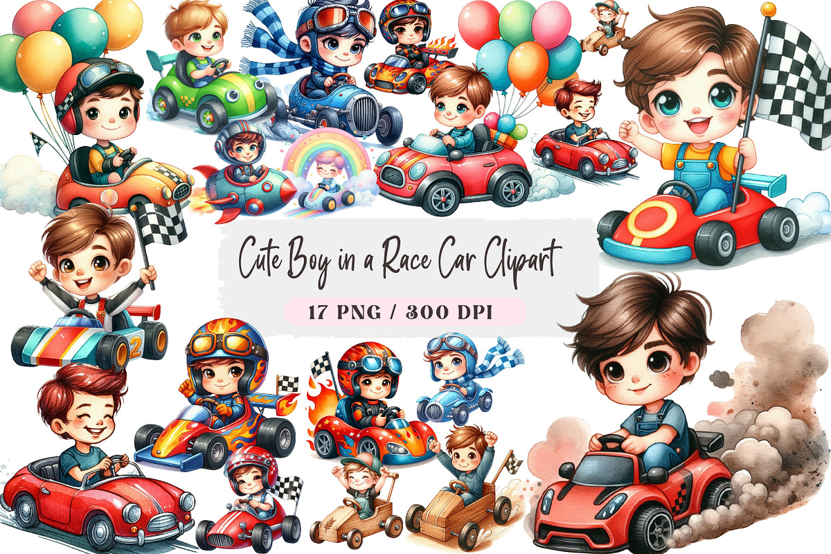 Cute Boy in a Race Car Clipart, an Illustration by DreamArtGraphic (Photo 1 of 4)