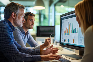 Colleagues analyzing data trends on, a Photo by Tanuart